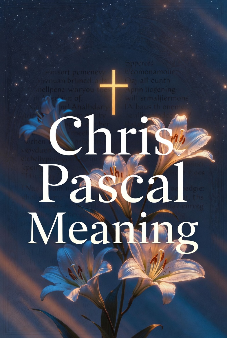"Feature image for 'Chris Pascal Meaning' - Elegant design with large white text over a mystical dark blue starry background featuring glowing Easter lilies and a golden cross, evoking the etymology and spiritual origins of the name."