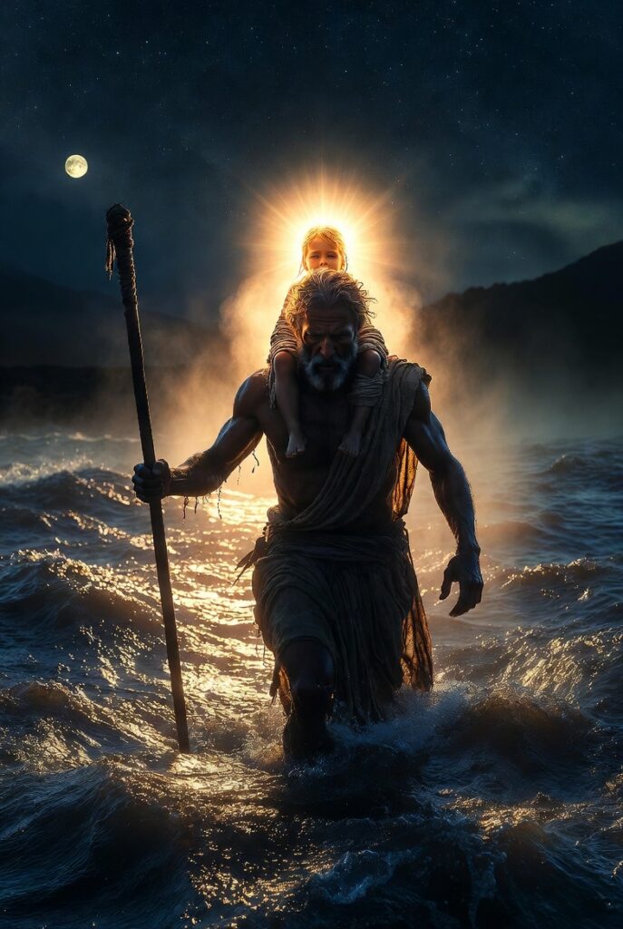A muscular ancient traveler with a staff wades powerfully through a turbulent river at night, carrying a glowing divine child with a radiant halo on his shoulders. Dramatic moonlight and golden divine light illuminate the scene, symbolizing the biblical meaning of Christopher as "Christ-bearer." Epic Christian symbolic art style.