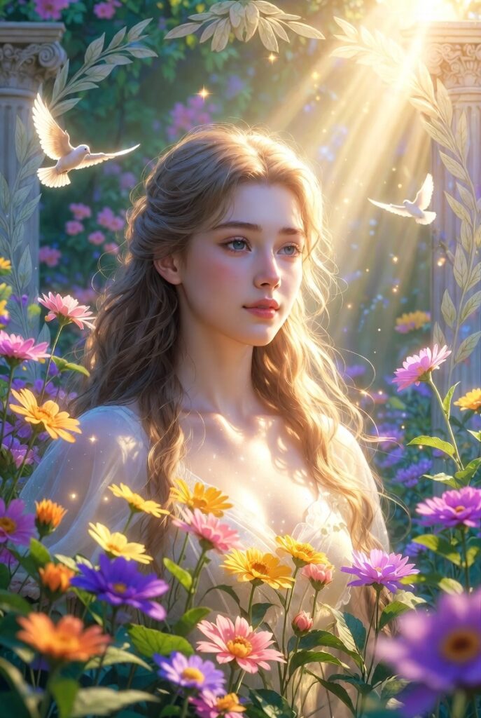 Alt text: Ethereal young woman with long flowing golden hair and radiant glowing skin, standing serenely amid a vibrant mystical garden filled with colorful blooming flowers. Soft divine golden sunlight rays illuminate the scene, with gentle white doves flying nearby and subtle ancient Roman-inspired marble columns and laurel elements in the dreamy background. The atmosphere evokes themes of youthfulness, vitality, grace, renewal, and spiritual light. Highly detailed, cinematic, pastel and golden tones.