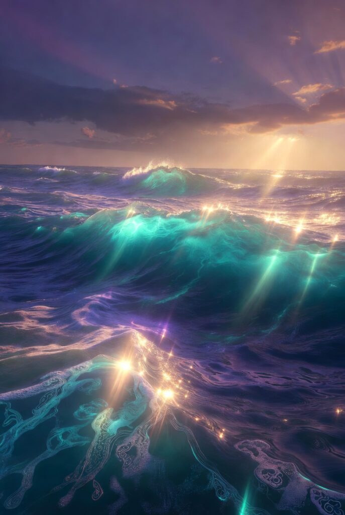 "Ethereal mystical ocean scene with glowing turquoise and deep blue waves rolling under a twilight sky with golden light rays. Serene spiritual atmosphere evoking the meaning of the name Dylan — 'son of the wave' or sea-born — with sparkling foam and transcendent natural beauty, no text."