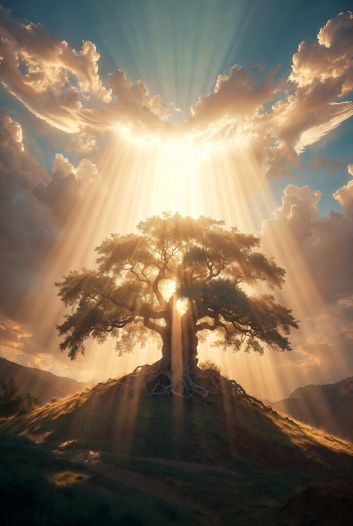 "A majestic ancient oak tree with deep, sprawling roots stands on a serene hilltop at dawn, bathed in powerful golden rays of divine light descending from heavenly clouds, symbolizing spiritual grace, strength, inheritance, and God's favor in a peaceful, ethereal landscape."