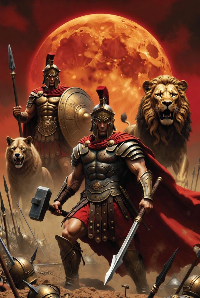 "A powerful symbolic illustration representing the name Markus, meaning dedicated to Mars the Roman god of war. A heroic ancient Roman warrior in bronze armor and flowing red cape stands in the foreground holding a large hammer and spear. Behind him is the god Mars in full battle gear with shield, while a majestic golden lion symbolizes strength. Dramatic red sky with a massive glowing Mars planet in the background, epic cinematic style."