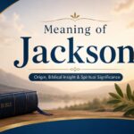 A serene inspirational graphic titled "Meaning of Jackson" with the subtitle "Origin, Biblical Insight & Spiritual Significance". The composition features a closed Holy Bible on a wooden surface in the foreground, a wooden cross, and an olive branch against a peaceful sunset landscape with mountains. The design has elegant blue and gold accents, evoking a faith-based and spiritual theme.