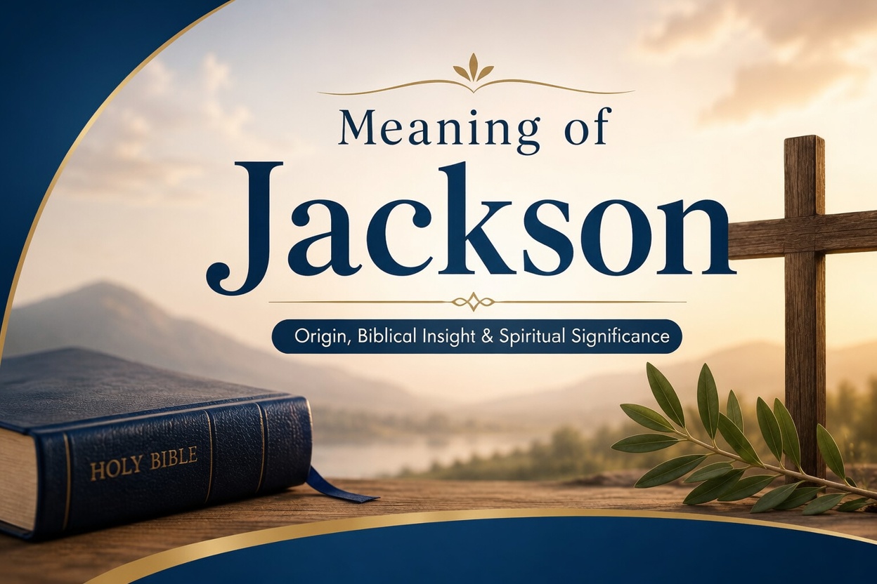 A serene inspirational graphic titled "Meaning of Jackson" with the subtitle "Origin, Biblical Insight & Spiritual Significance". The composition features a closed Holy Bible on a wooden surface in the foreground, a wooden cross, and an olive branch against a peaceful sunset landscape with mountains. The design has elegant blue and gold accents, evoking a faith-based and spiritual theme.