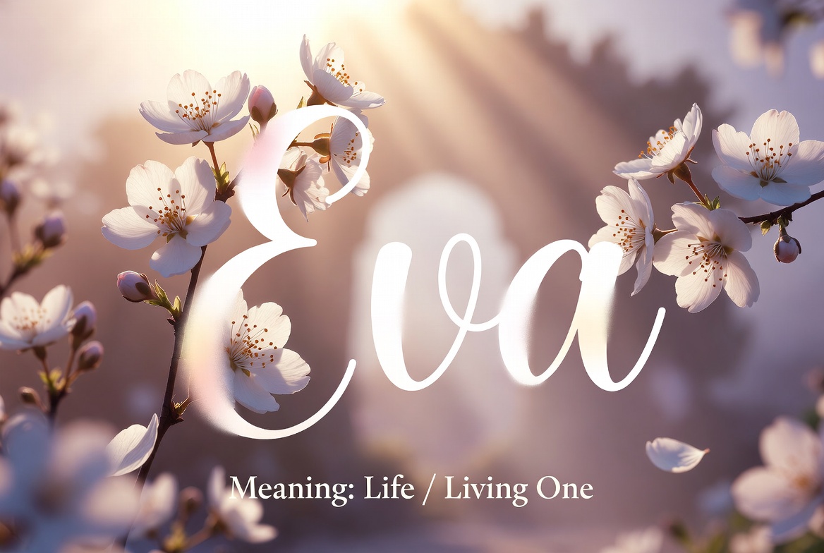 "Elegant feature image for the name Eva meaning. Large flowing script text 'Eva' centered over soft blooming white flowers with golden sunlight rays. Below it reads 'Meaning: Life / Living One'. Feminine, ethereal design in pastel tones suitable for a name meanings blog or article header."