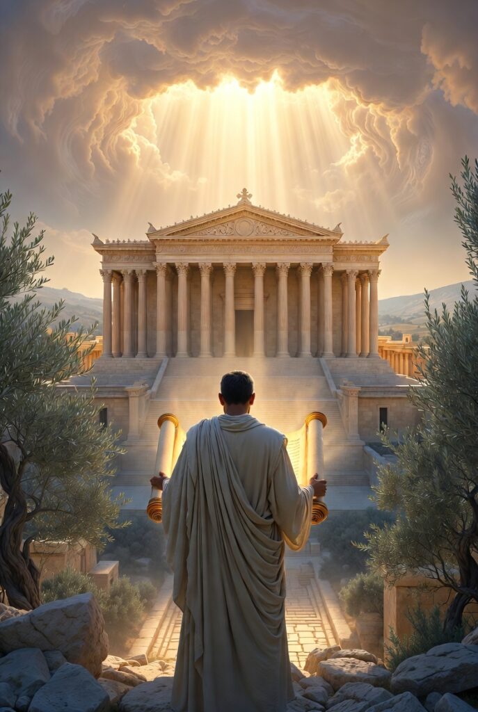 "A majestic spiritual scene of restoration: An ancient Hebrew scribe or priest in flowing robes stands from behind, holding two glowing Torah scrolls, facing a grand rebuilt temple in Jerusalem. Dramatic golden heavenly light rays break through clouds from above, illuminating the sacred structure amid olive trees and ancient stones, symbolizing divine help, return from exile, and spiritual renewal in an ethereal biblical style."