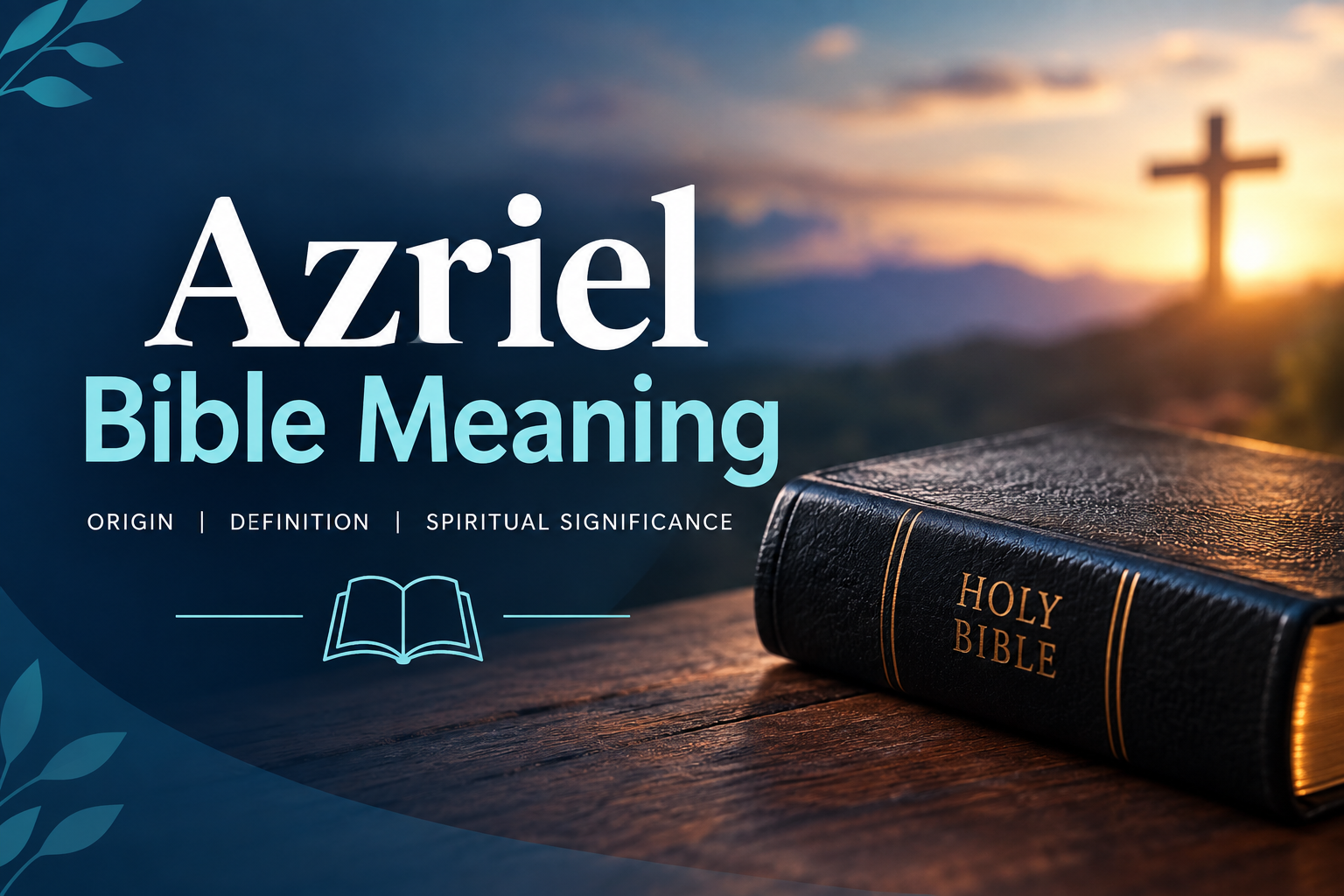 A professional blog feature image for “Azriel Bible Meaning.” The design features a dark navy blue background with the title “Azriel Bible Meaning” displayed in large white and teal text. Below the title are the words “Origin | Definition | Spiritual Significance” alongside an open book icon. On the right side, a black Holy Bible rests on a wooden surface, illuminated by warm golden light. In the background, a Christian cross stands against a sunrise sky, creating a spiritual and reflective atmosphere. Decorative teal leaf accents frame the corners of the image, giving it a modern and elegant appearance.