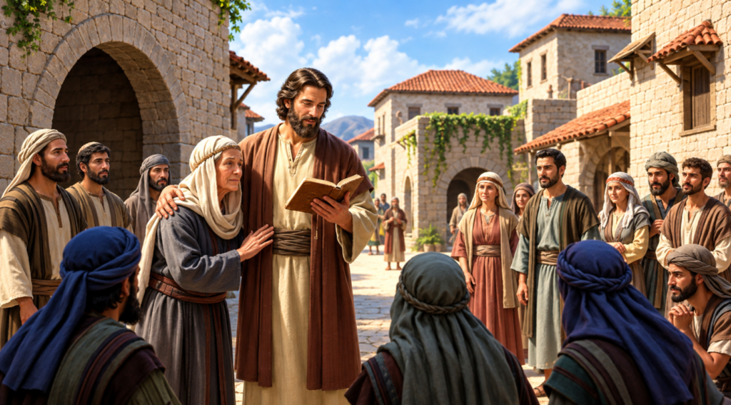 Jesus teaching from an open book to a group of people in a biblical-era stone village, surrounded by men and women in traditional robes, with mountains and bright blue skies in the background.